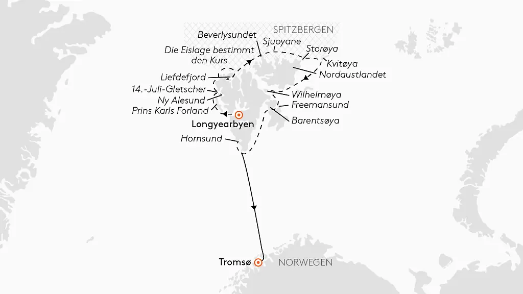 Expedition Spitzbergen: Route der MS Hanseatic nature von Hapag Lloyd Cruises
